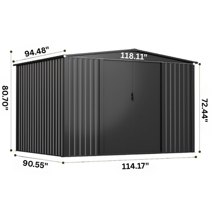 Black metal storage shed with dimensions labeled on a white background
