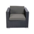 A gray single club chair with a hard frame and a cushioned seat, backrest, and armrest, made of PE rattan and aluminum, against a white background.