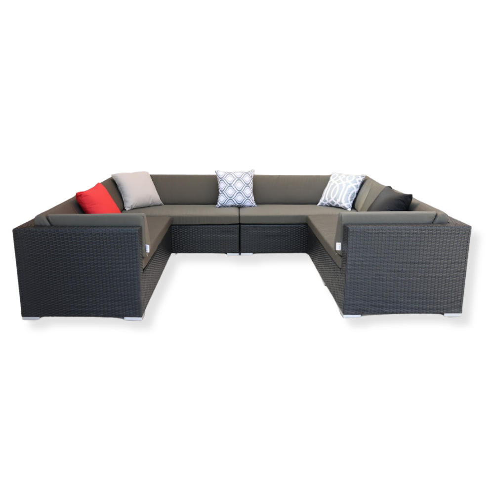 A U-shaped outdoor sectional sofa with handwoven PE rattan and a sturdy aluminum frame, featuring gray cushions and pillows, viewed from a slightly elevated angle.